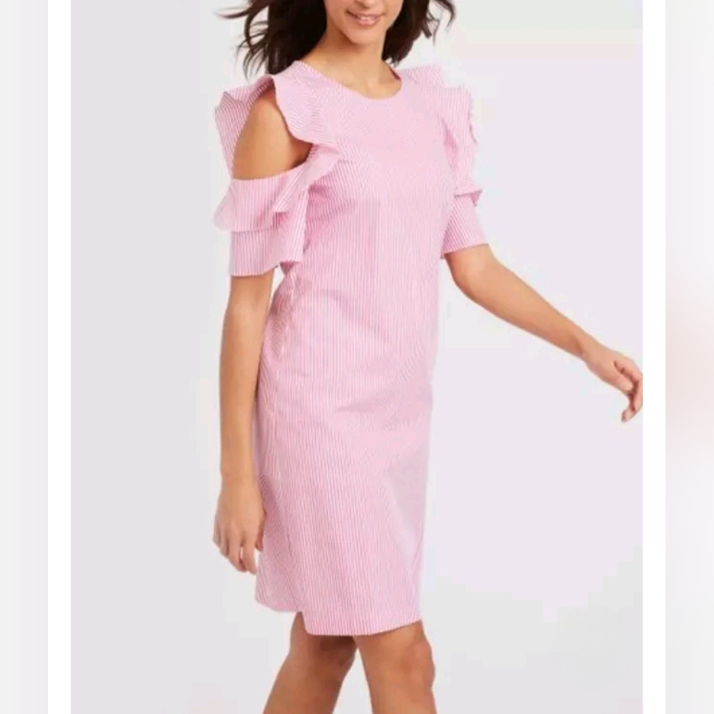 J. McLaughlin Juliette Pink White Striped Cold Shoulder Ruffle Shift Dress Sz M